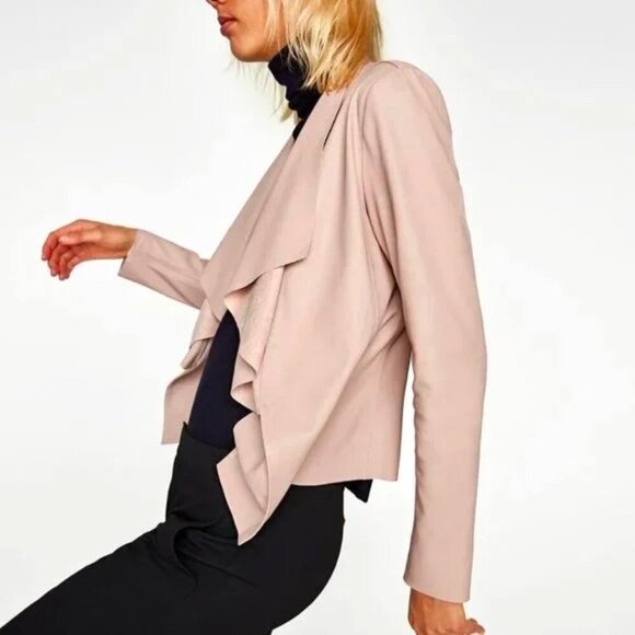 Zara Basic Baby Pink Vegan Faux Leather Moto Boho Button Cropped Blazer Size XS - Picture 1 of 12